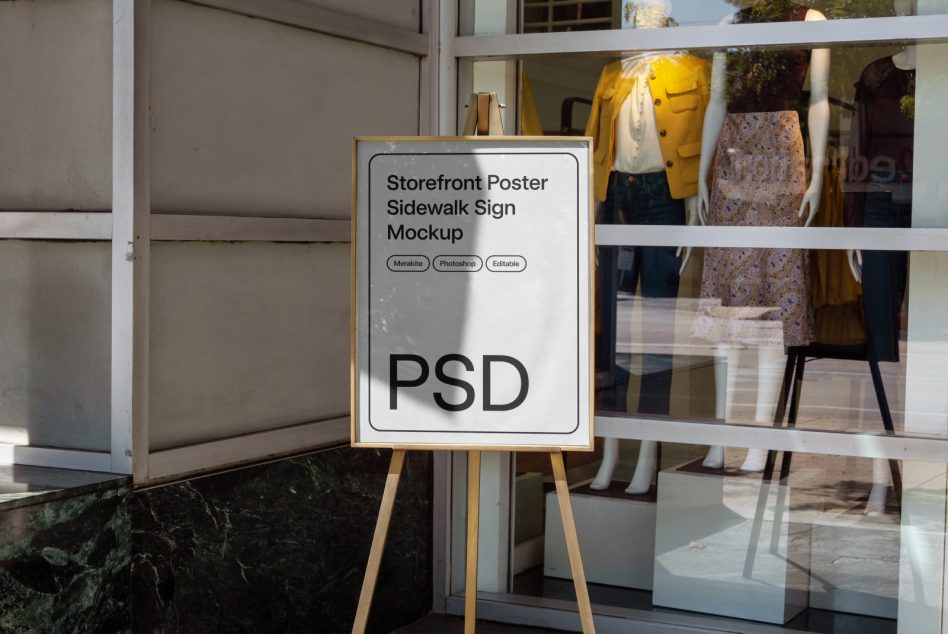 Storefront sidewalk sign mockup in urban setting with editable PSD template for design presentations and advertising mockups.